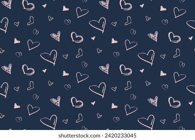 Seamless Pattern of Charcoal Hand Drawn Pink Hearts on dark blue background. Chalk crayon Vector Illustration