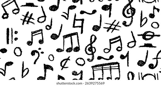 Seamless pattern of charcoal scribble music notes. Vector illustration of a cute childish music school pastel or wax pencil signs. Handwritten black pop doodles for fun kindergarten , vibrant designs.
