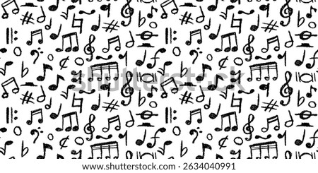 Seamless pattern of charcoal scribble music notes. Handwritten black pop doodles for fun, vibrant designs. Vector illustration of a cute childish music school pastel or wax pencil signs.