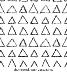 Seamless pattern with charcoal triangles in a row. Hand drawn geometric abstract vector texture. Simple tribal and ethnic ornament with geometric shapes. Monochrome background with linear triangles