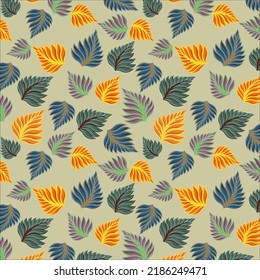 Seamless pattern of charcoal, twilight lavender, school bus yellow and Brunswick green color tropical deliciosa plant leaf on sage color background. leaf seamless pattern, textile design, wallpaper.