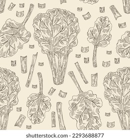 Seamless pattern with chard: chard plant, mangold leaves and piece of mangold. Beta vulgaris. Vector hand drawn illustration. 