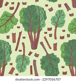 Seamless pattern with chard: chard plant, mangold leaves and piece of mangold. Beta vulgaris. Vector hand drawn illustration. 