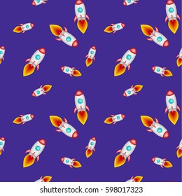 Seamless pattern. Charming bright rockets against the dark blue background of the cosmos and the stars. Children's illustration. The design is ideal for printing on fabric, paper and other surfaces.