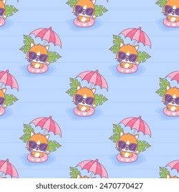 Seamless pattern with charming cat in sunglasses with cocktail swims in rubber circle on blue background. Vector illustration. Funny cartoon kawaii character. Kids collection