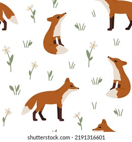 Seamless pattern with charming foxes and flowers. Hand drawn vector childish background with forest animals. Endless kids texture for apparel, textile and wallpaper. Cute woodland illustration