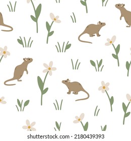Seamless pattern with charming mice and flowers. Hand drawn childish background with forest animals. Endless baby texture for wallpaper, textile and prints. Cute woodland illustration