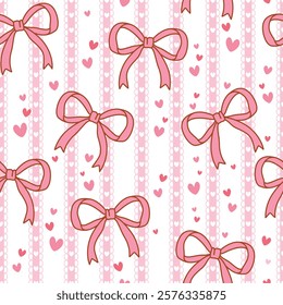 Seamless pattern of a charming pink bows and adorable lace, pink hearts on a white background. Perfect for gift wrapping, greeting cards, and decorations for special occasions.