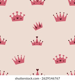Seamless pattern with charming pink crowns decorated with hearts and small dots on a soft beige background. This cute and elegant design is perfect for children’s products, princess or royal-themed