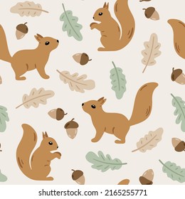 Seamless pattern with charming squirrels and acorns. Hand drawn childish background with forest animals. Endless baby texture for wallpaper, textile and prints. Cute vector illustration