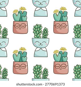 Seamless pattern with charming succulents in cute pastel pots. Konophytum and sedum