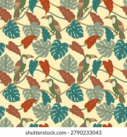 seamless pattern of charming tropical elements, with the iconic toucan bird, monstera plant and caladium leaves in a trendy warm color palette (terracotta, sage green and turquoise).