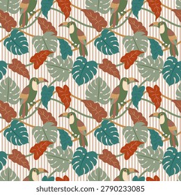 seamless pattern of charming tropical elements, with the iconic toucan bird, monstera plant and caladium leaves in trendy warm color palette (terracotta, sage green and turquoise).