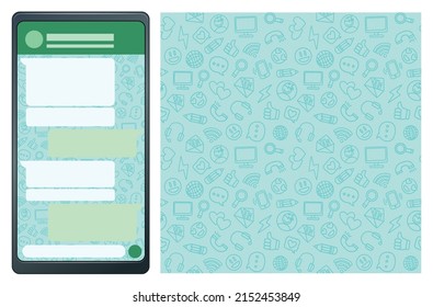 Seamless pattern for chat background for mobile app vector design, smart phone with chat messages on the display illustration