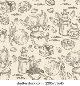 Seamless pattern with chaulmugra: plant and chaulmugra fruits. Hydnocarpus.  Oil, soap and bath salt . Cosmetics and medical plant. Vector hand drawn illustration