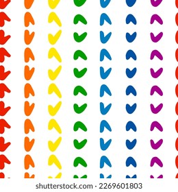Seamless pattern of check marks arrows of rainbow colors. Grunge texture. Hand drawn ink brush bright multicolored stains design elements. LGBT, CSD pride,National Coming Out Day. Vector illustration 