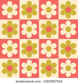 Seamless pattern with checkerboard and daisies. Cute colorful trendy vector illustration in style 70s, 80s  Fashion design, textile, fabric.