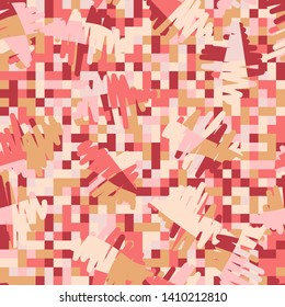 Seamless pattern. Checkered background. Messy strokes. Spring multicolor. Camouflage.