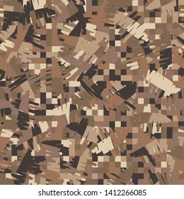 Seamless pattern. Checkered background. Messy strokes. The colors of the desert landscape, with shades of yellow. Camouflage.