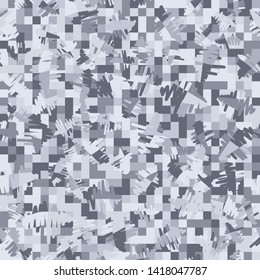 Seamless pattern. Checkered background. Messy strokes. Colors of a winter landscape, with shades of blue. Camouflage.