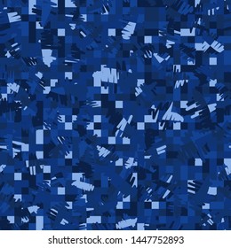 Seamless pattern. Checkered background. Messy strokes. Colors of a winter landscape, with shades of blue. Camouflage.