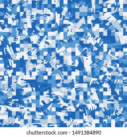Seamless pattern. Checkered background. Messy strokes. Colors of a winter landscape, with shades of blue. Camouflage.