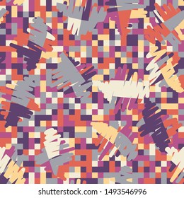 Seamless pattern. Checkered background. Messy strokes. Spring multicolor. Camouflage.
