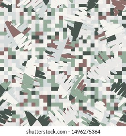 Seamless pattern. Checkered background. Messy strokes. Spring multicolor. Camouflage.