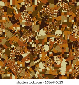 Seamless pattern. Checkered background. Messy strokes. The colors of the desert landscape, with shades of yellow. Camouflage. Contains symbolic comets.