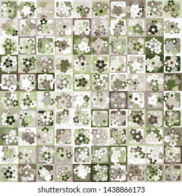 Seamless pattern. Checkered background, on which are arranged a bouquet of six flowers in each cell. Chaotic coloring. Women's camouflage.