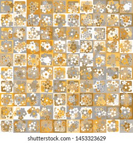 Seamless pattern. Checkered background, on which are arranged a bouquet of six flowers in each cell. Chaotic coloring. Women's camouflage.