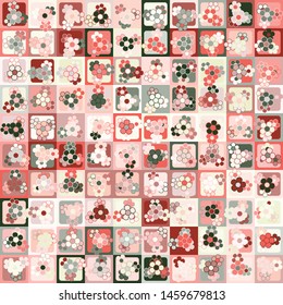 Seamless pattern. Checkered background, on which are located on a small bouquet of flowers in each cell. Chaotic coloring. Women's camouflage.