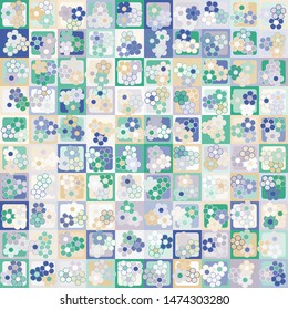 Seamless pattern. Checkered background, on which are the inflorescences of three colors. Chaotic coloring. Women's camouflage.