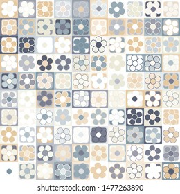 Seamless pattern. Checkered background on which are symbolic flowers. Chaotic coloring. Women's camouflage.