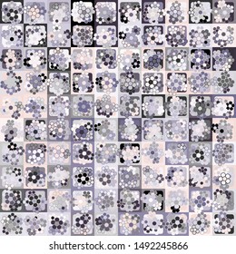 Seamless pattern. Checkered background, on which are arranged a bouquet of six flowers in each cell. Chaotic coloring. Women's camouflage.