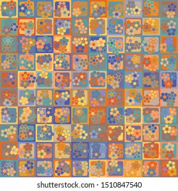 Seamless pattern. Checkered background, on which are the inflorescences of three colors. Chaotic coloring. Women's camouflage.