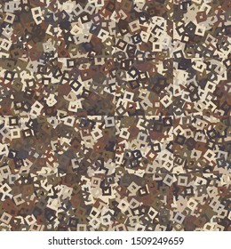 Seamless pattern. Checkered background with randomly scattered holey squares. Random coloring. Desert shades.