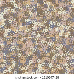 Seamless pattern. Checkered background with randomly scattered holey squares. Random coloring. Desert shades.