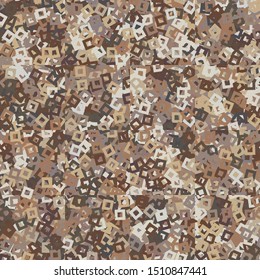 Seamless pattern. Checkered background with randomly scattered holey squares. Random coloring. Desert shades.