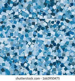 Seamless pattern. Checkered background with randomly scattered squares. Random coloring. Blue shades.