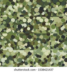 Seamless pattern. Checkered background with scattered circles. Random coloring. Green shades.