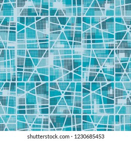 Seamless pattern. Checkered camouflage and abstract grille. Ice shades.