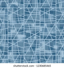 Seamless pattern. Checkered camouflage and abstract grille. Ice shades.