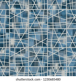 Seamless pattern. Checkered camouflage and abstract grille. Ice shades.