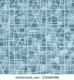 Seamless pattern. Checkered camouflage and abstract grille. Ice shades.