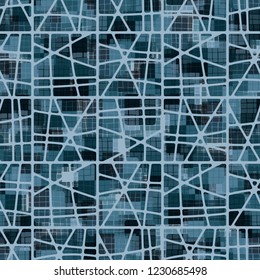 Seamless pattern. Checkered camouflage and abstract grille. Ice shades.