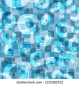 Seamless pattern. Checkered camouflage with circles. Ice shades.