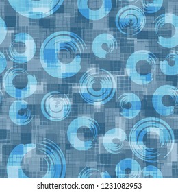 Seamless pattern. Checkered camouflage with circles. Ice shades.