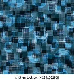 Seamless pattern. Checkered camouflage with circles. Ice shades.