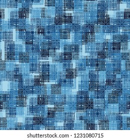 Seamless pattern. Checkered camouflage and flower texture. Ice shades.